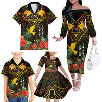 Papua New Guinea Manus Province Family Matching Off Shoulder Long Sleeve Dress and Hawaiian Shirt Papua Niugini Coat Of Arms With Flag Style - Wonder Print Shop