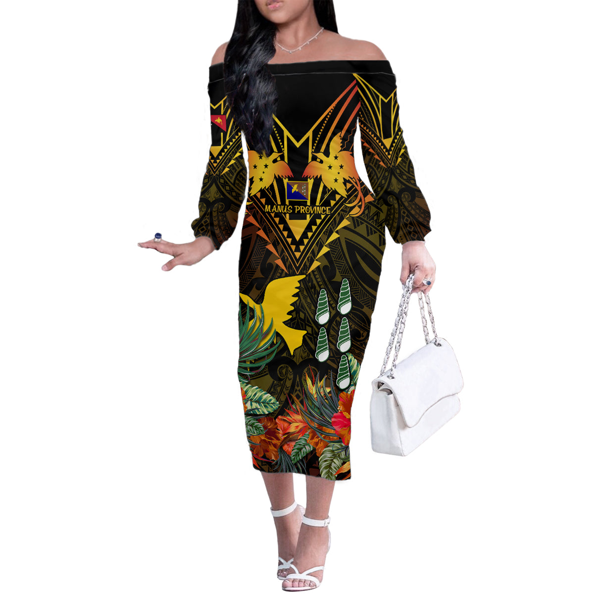 Papua New Guinea Manus Province Family Matching Off Shoulder Long Sleeve Dress and Hawaiian Shirt Papua Niugini Coat Of Arms With Flag Style - Wonder Print Shop
