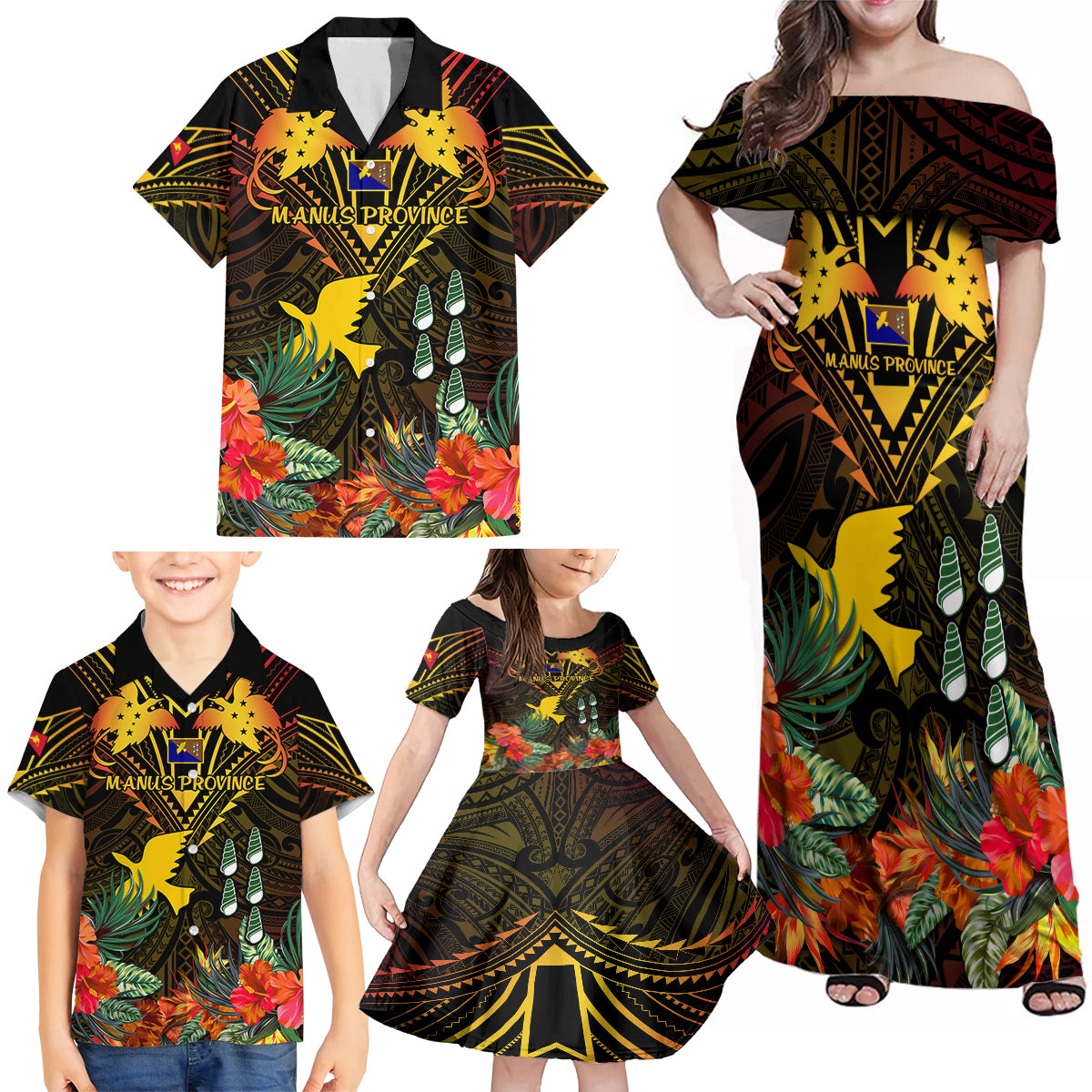 Papua New Guinea Manus Province Family Matching Off Shoulder Maxi Dress and Hawaiian Shirt Papua Niugini Coat Of Arms With Flag Style - Wonder Print Shop