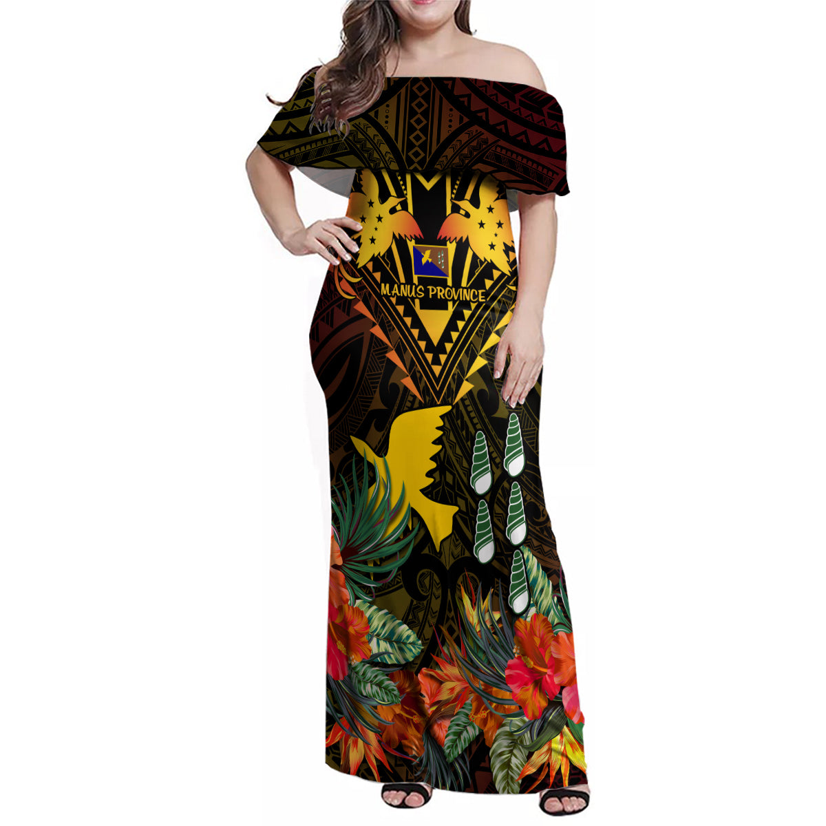 Papua New Guinea Manus Province Family Matching Off Shoulder Maxi Dress and Hawaiian Shirt Papua Niugini Coat Of Arms With Flag Style - Wonder Print Shop