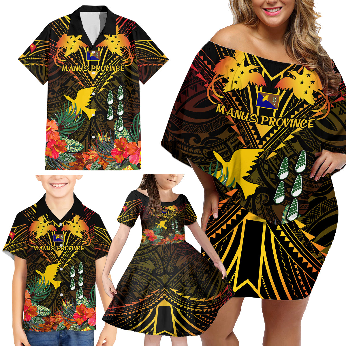 Papua New Guinea Manus Province Family Matching Off Shoulder Short Dress and Hawaiian Shirt Papua Niugini Coat Of Arms With Flag Style - Wonder Print Shop