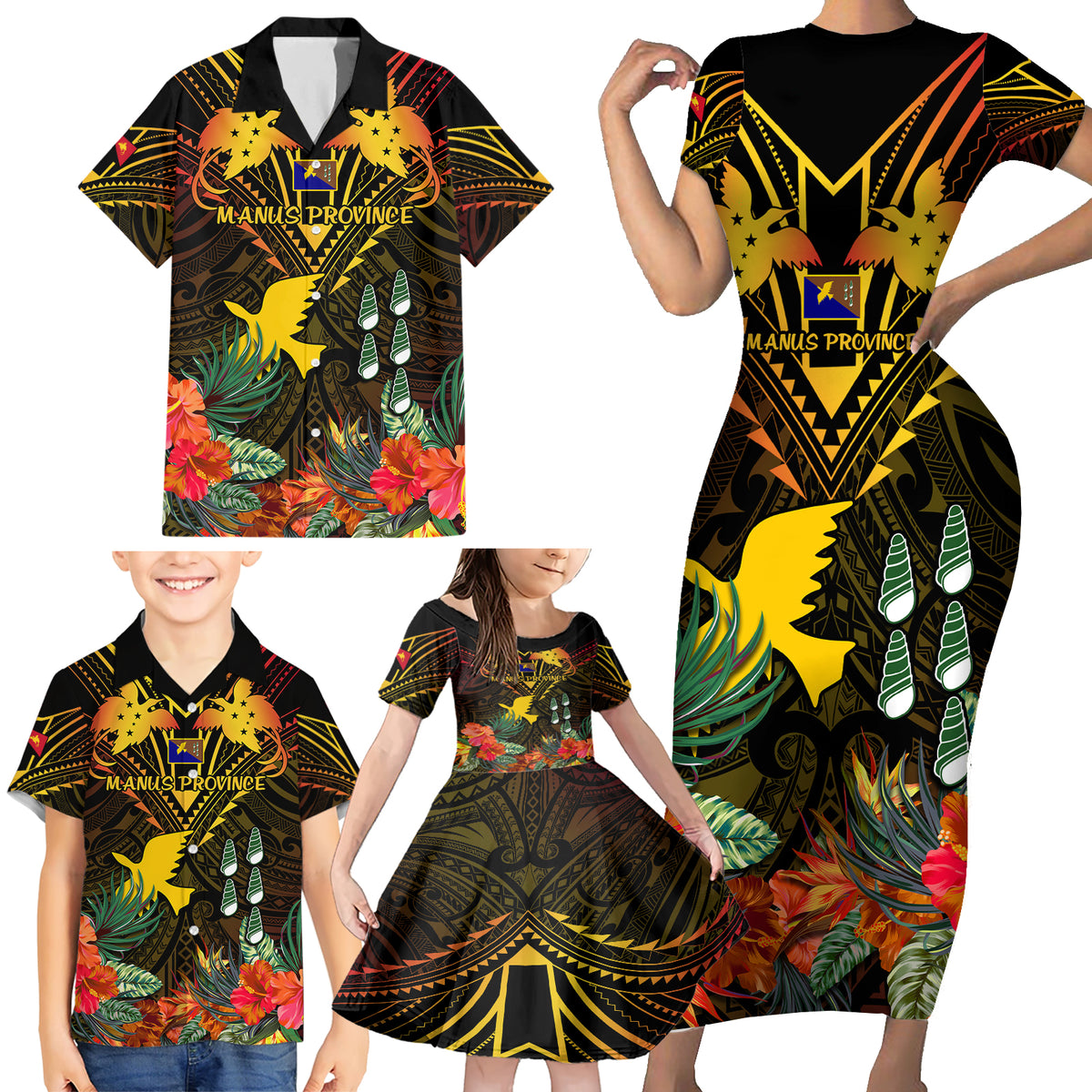 Papua New Guinea Manus Province Family Matching Short Sleeve Bodycon Dress and Hawaiian Shirt Papua Niugini Coat Of Arms With Flag Style - Wonder Print Shop
