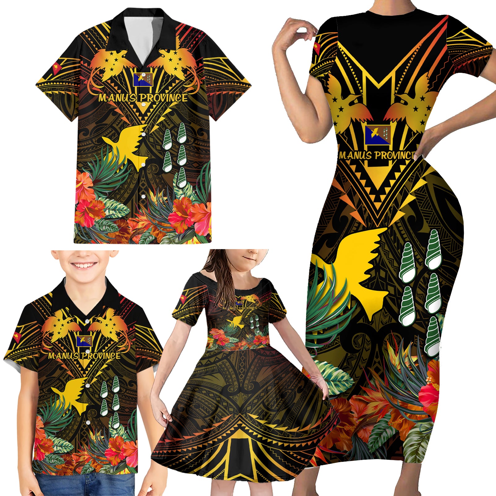Papua New Guinea Manus Province Family Matching Short Sleeve Bodycon Dress and Hawaiian Shirt Papua Niugini Coat Of Arms With Flag Style - Wonder Print Shop