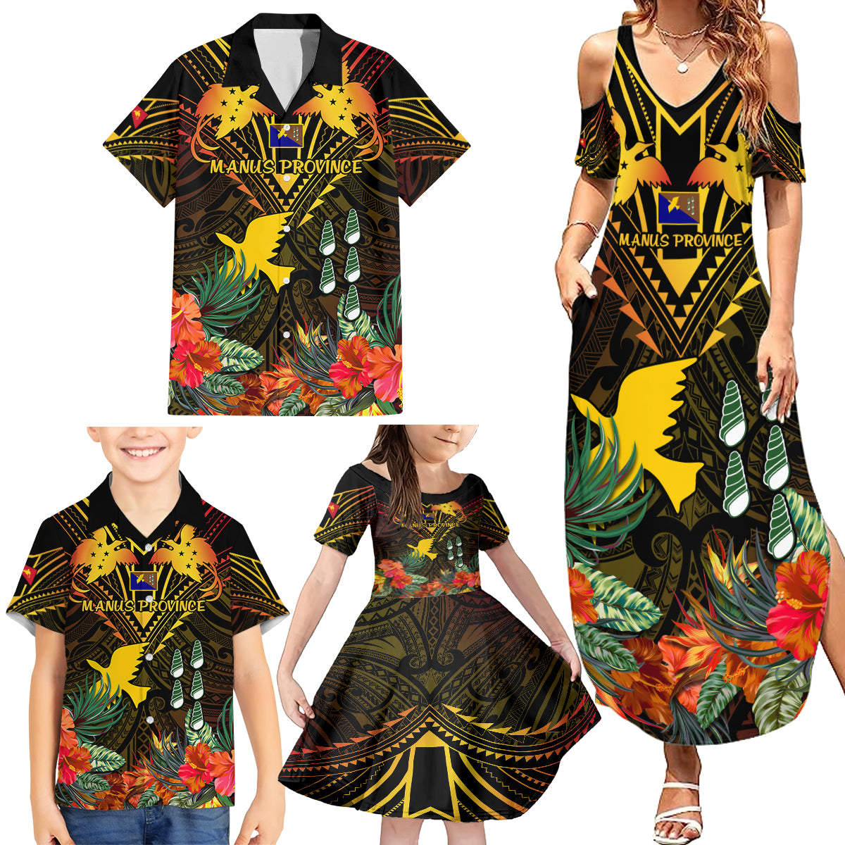 Papua New Guinea Manus Province Family Matching Summer Maxi Dress and Hawaiian Shirt Papua Niugini Coat Of Arms With Flag Style - Wonder Print Shop