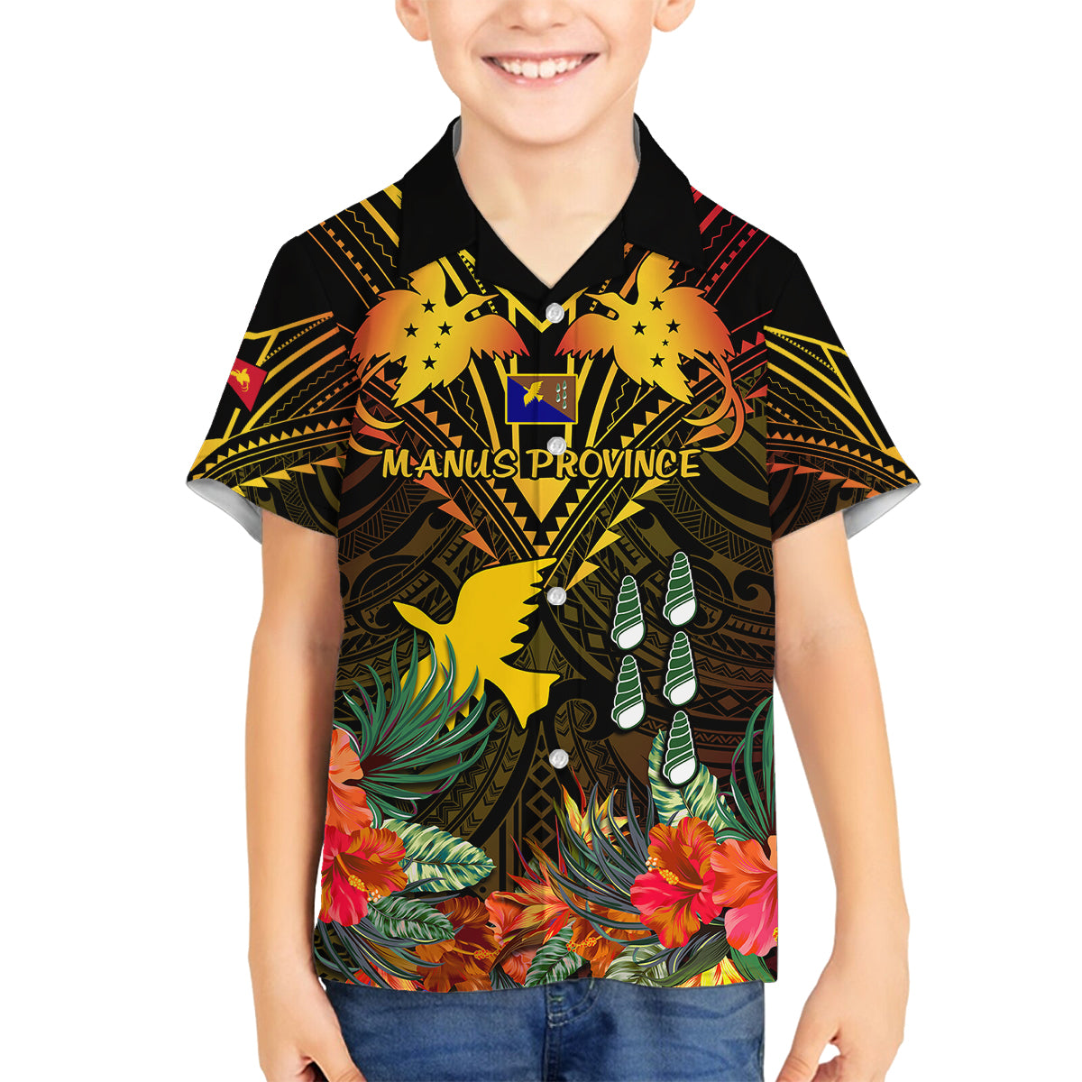 Papua New Guinea Manus Province Kid Hawaiian Shirt Papua Niugini Coat Of Arms With Flag Style - Wonder Print Shop