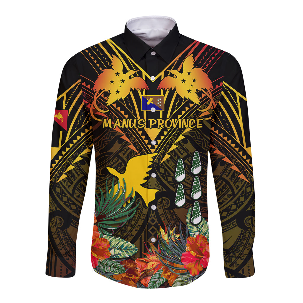Papua New Guinea Manus Province Long Sleeve Button Shirt Papua Niugini Coat Of Arms With Flag Style - Wonder Print Shop
