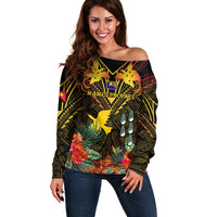 Papua New Guinea Manus Province Off Shoulder Sweater Papua Niugini Coat Of Arms With Flag Style - Wonder Print Shop