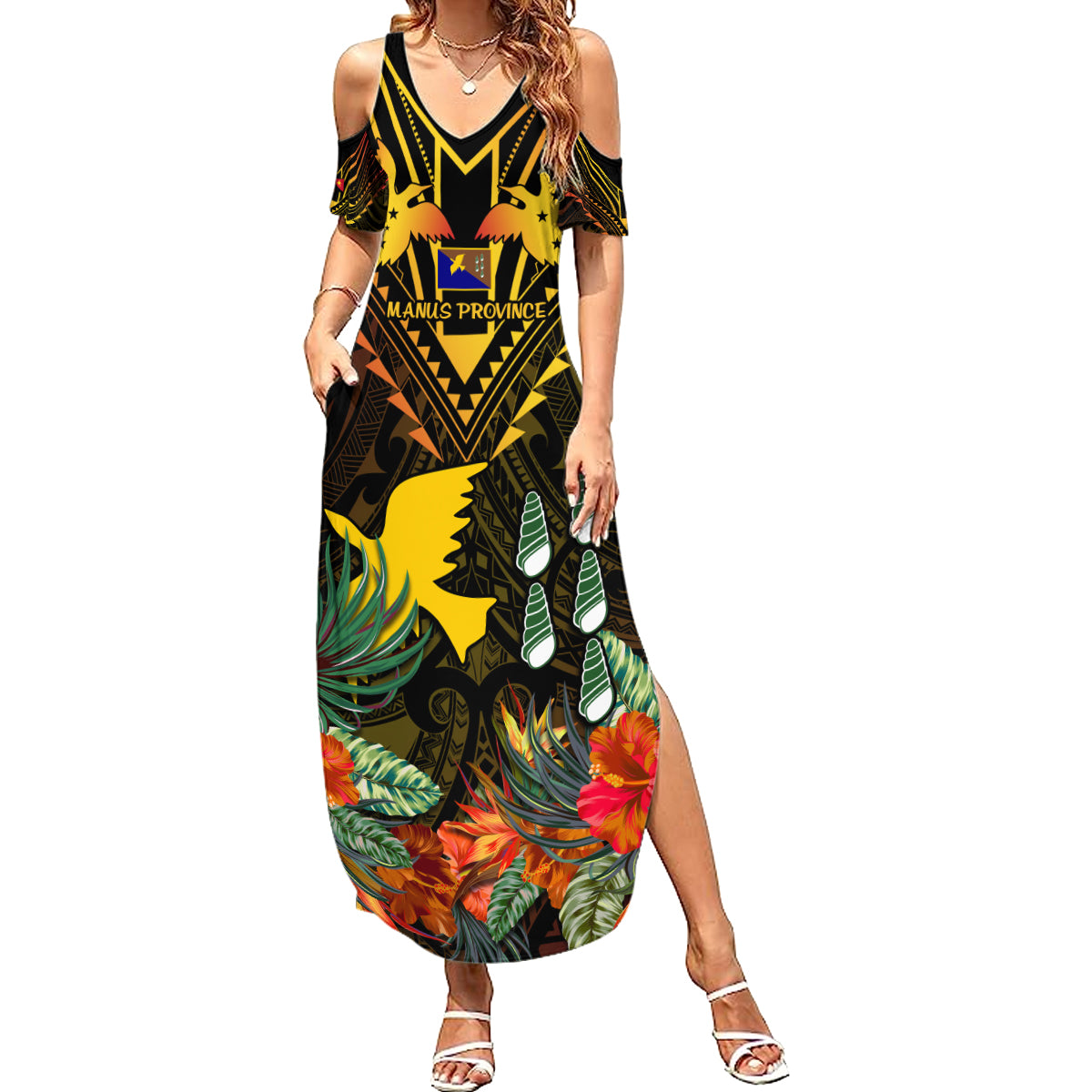 Papua New Guinea Manus Province Summer Maxi Dress Papua Niugini Coat Of Arms With Flag Style - Wonder Print Shop