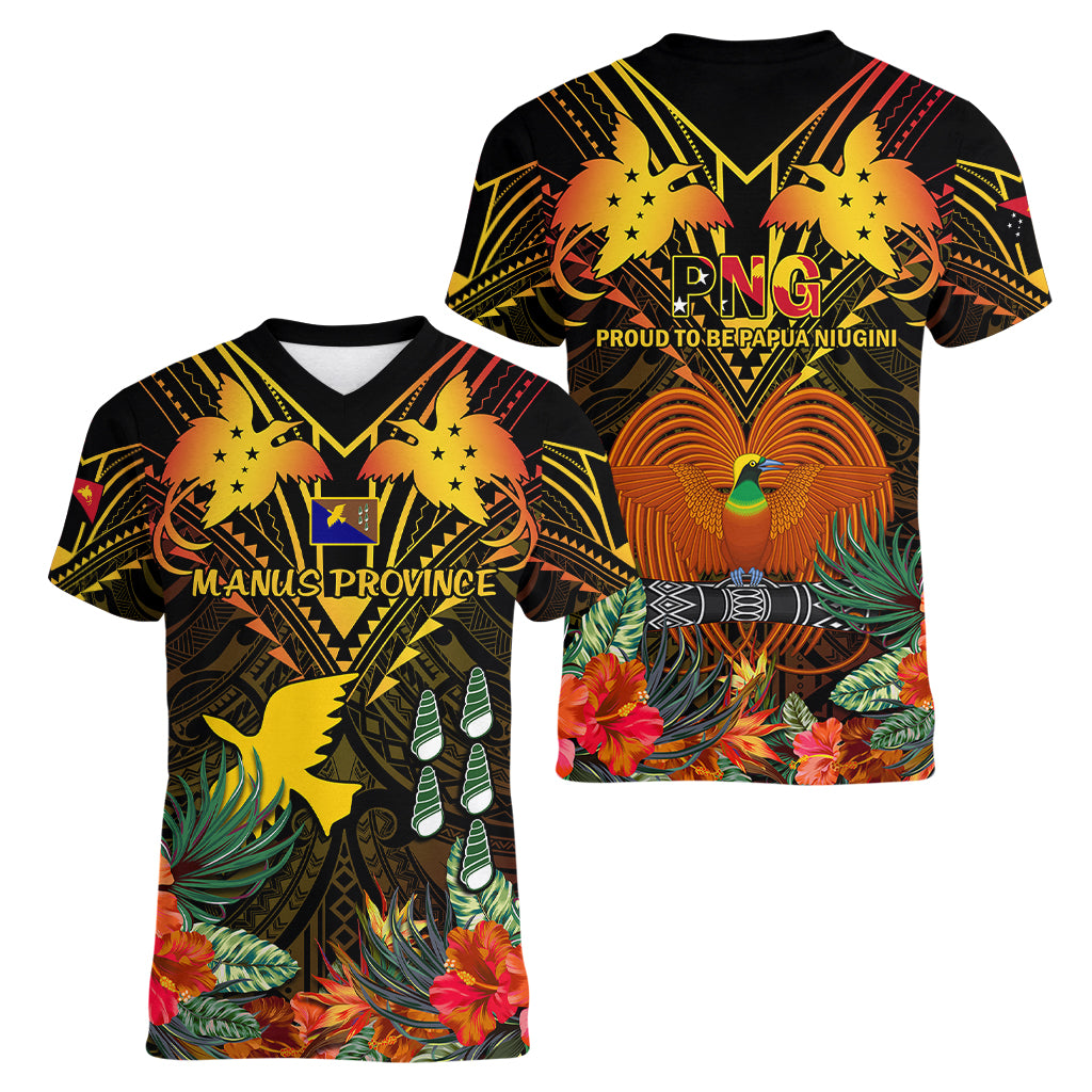 Papua New Guinea Manus Province Women V Neck T Shirt Papua Niugini Coat Of Arms With Flag Style - Wonder Print Shop