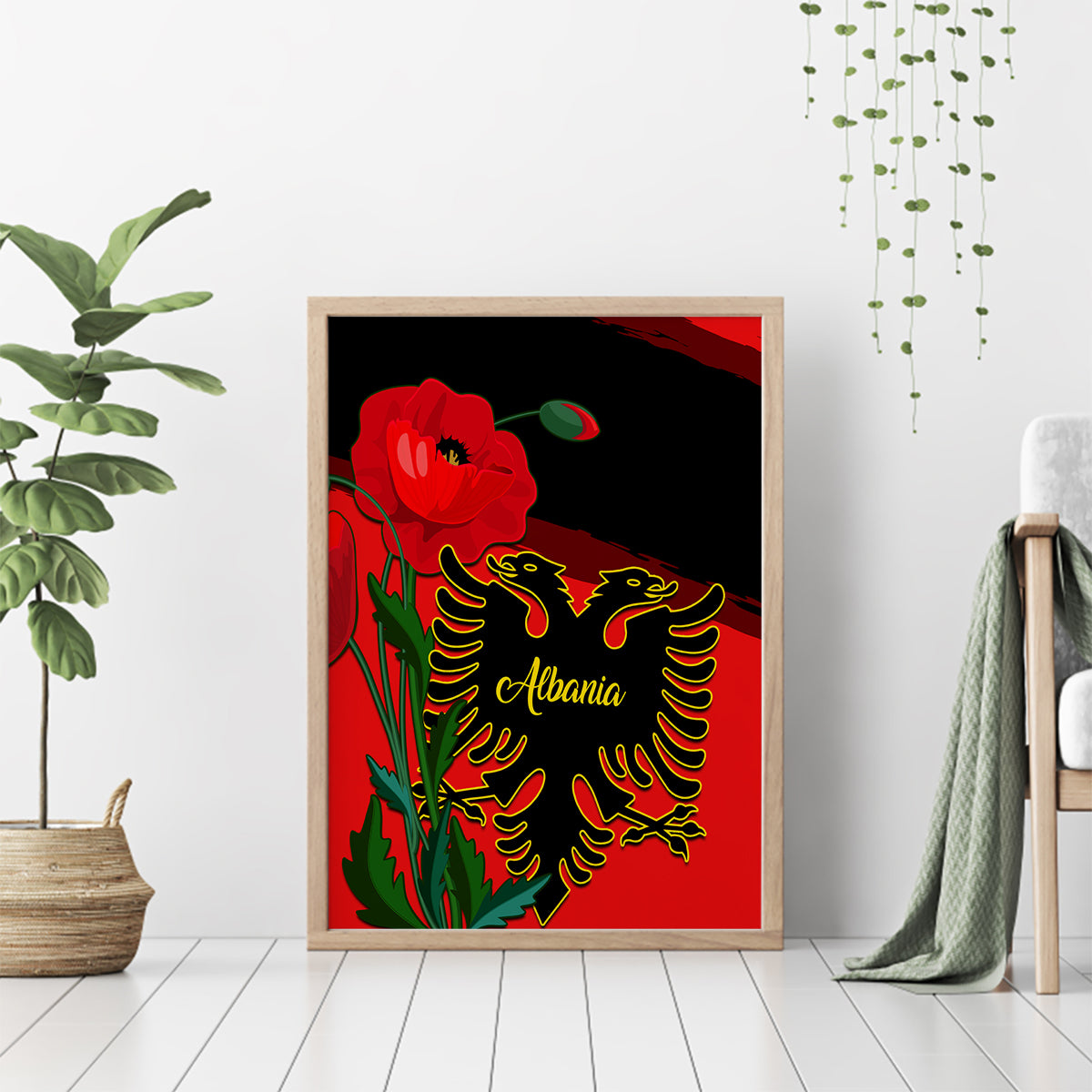 Albania Flag Day Canvas Wall Art Albanian Coat Of Arms With Red Poppy - Wonder Print Shop