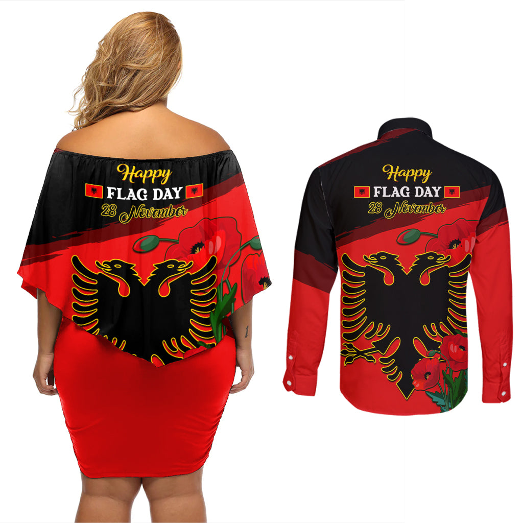 Albania Flag Day Couples Matching Off Shoulder Short Dress and Long Sleeve Button Shirt Albanian Coat Of Arms With Red Poppy - Wonder Print Shop