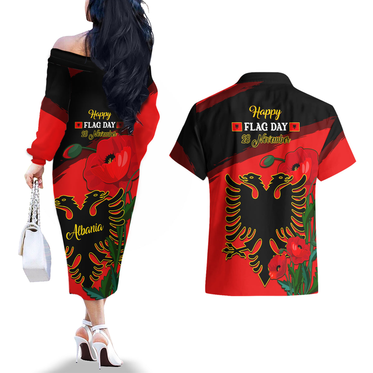 Albania Flag Day Couples Matching Off The Shoulder Long Sleeve Dress and Hawaiian Shirt Albanian Coat Of Arms With Red Poppy - Wonder Print Shop