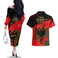 Albania Flag Day Couples Matching Off The Shoulder Long Sleeve Dress and Hawaiian Shirt Albanian Coat Of Arms With Red Poppy - Wonder Print Shop