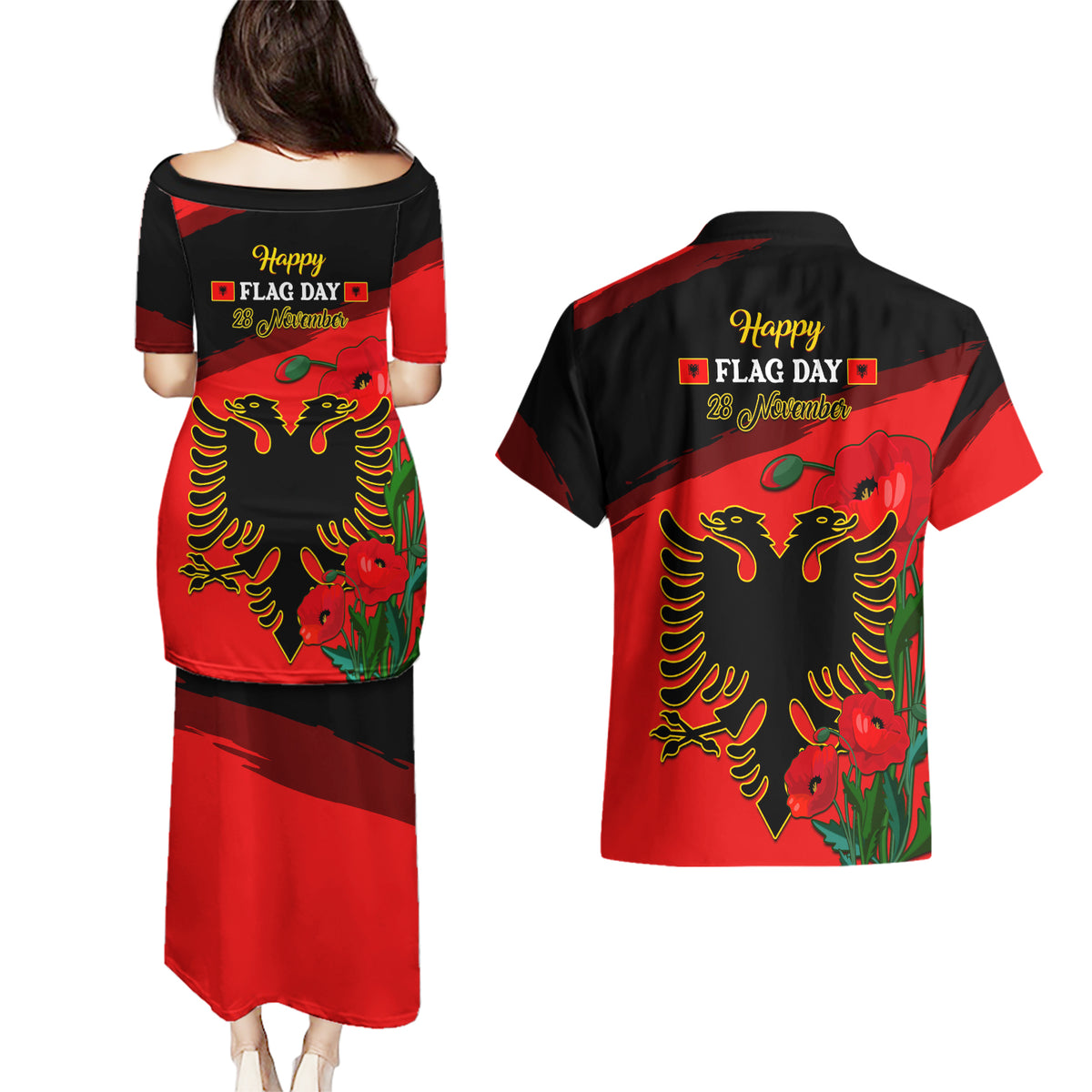 Albania Flag Day Couples Matching Puletasi Dress and Hawaiian Shirt Albanian Coat Of Arms With Red Poppy - Wonder Print Shop