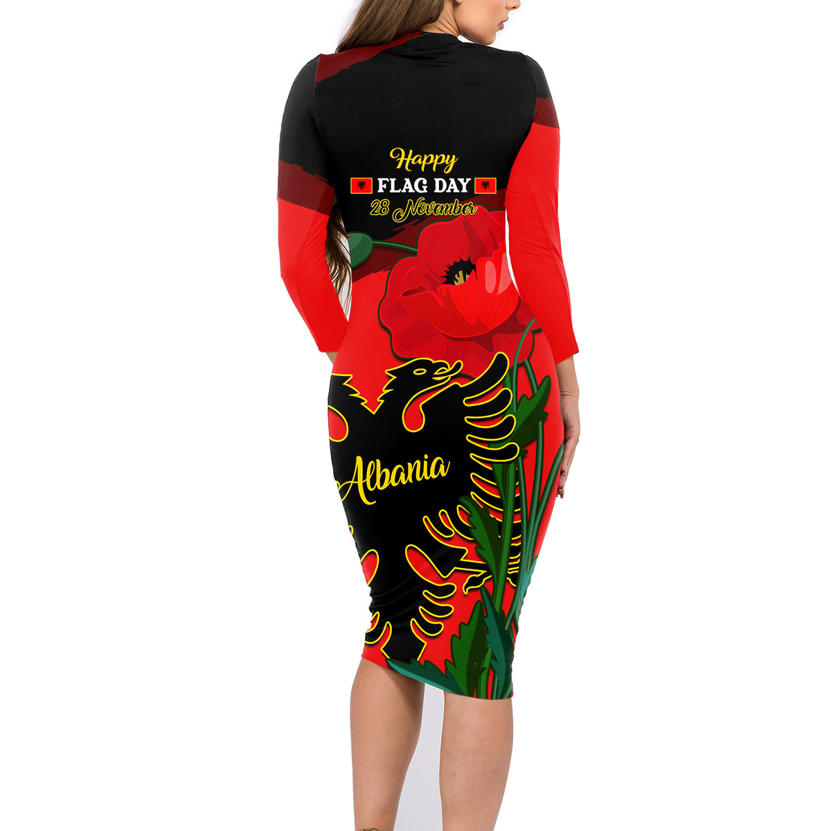 Albania Flag Day Family Matching Long Sleeve Bodycon Dress and Hawaiian Shirt Albanian Coat Of Arms With Red Poppy - Wonder Print Shop