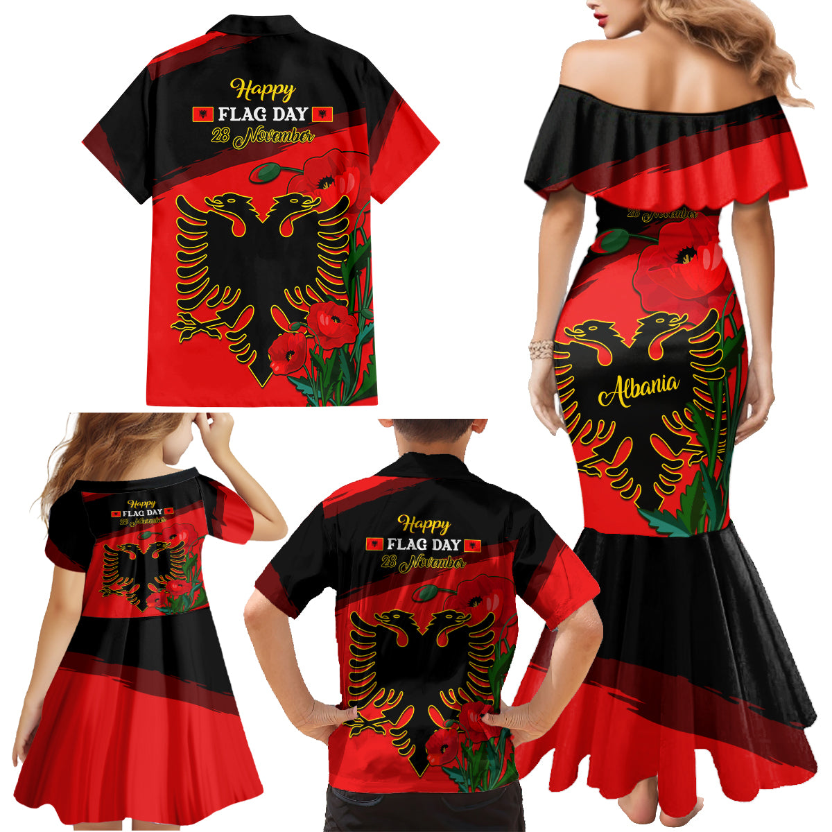 Albania Flag Day Family Matching Mermaid Dress and Hawaiian Shirt Albanian Coat Of Arms With Red Poppy - Wonder Print Shop
