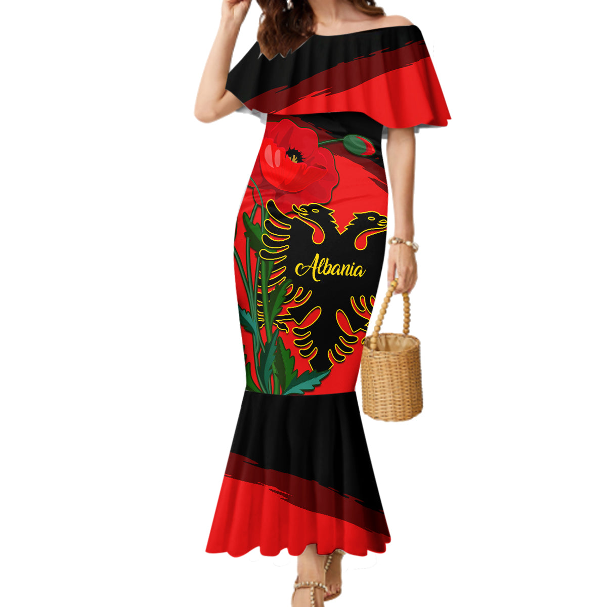 Albania Flag Day Family Matching Mermaid Dress and Hawaiian Shirt Albanian Coat Of Arms With Red Poppy - Wonder Print Shop