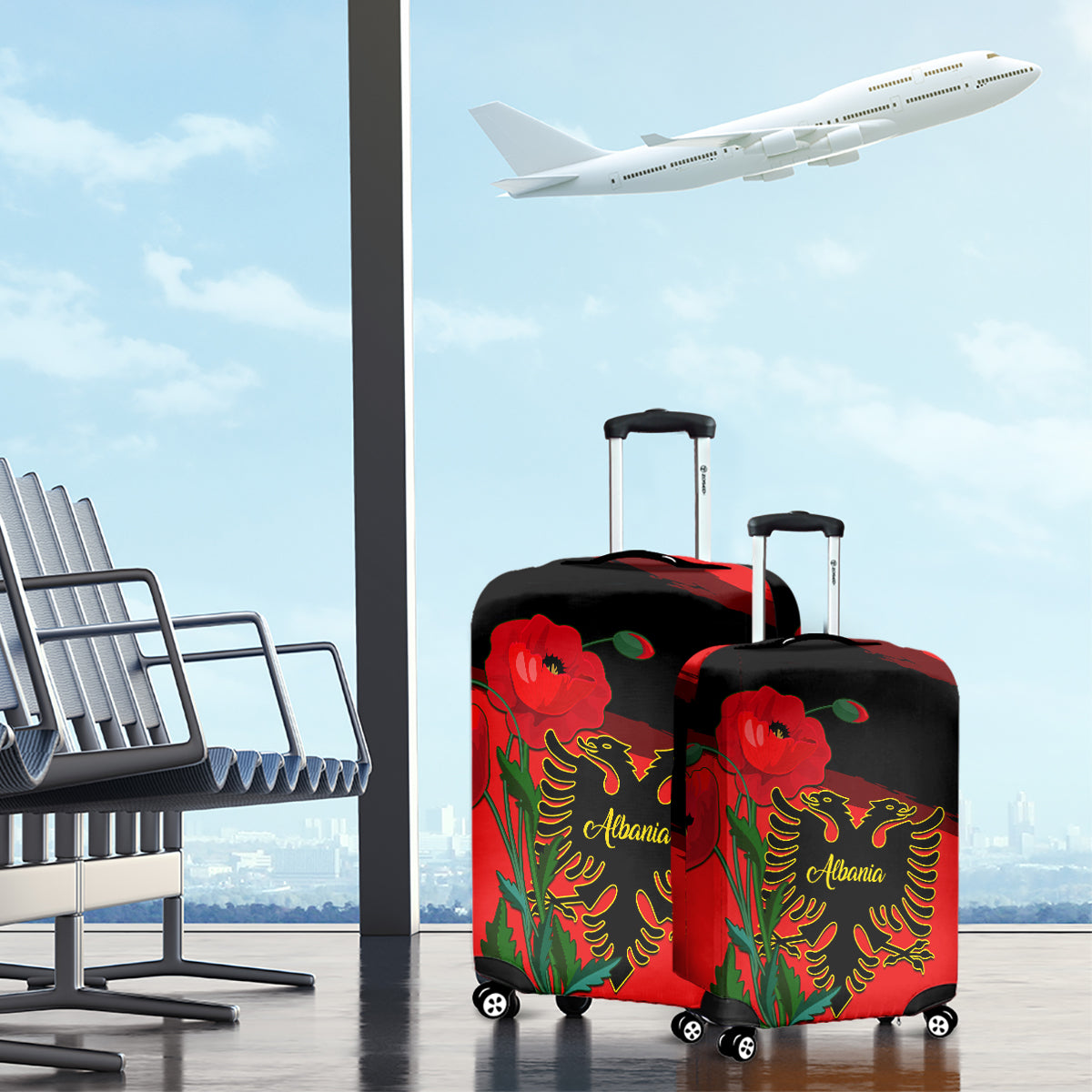 Albania Flag Day Luggage Cover Albanian Coat Of Arms With Red Poppy - Wonder Print Shop