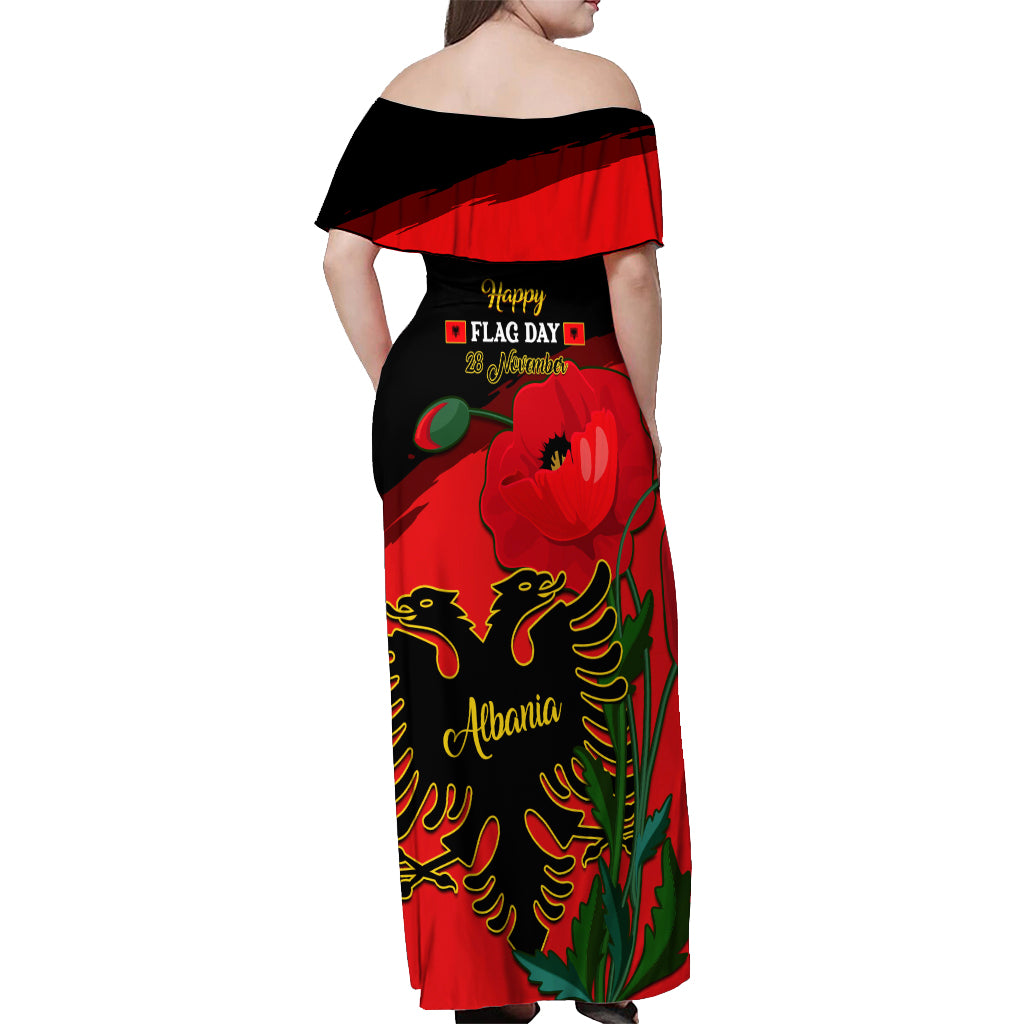 Albania Flag Day Off Shoulder Maxi Dress Albanian Coat Of Arms With Red Poppy - Wonder Print Shop
