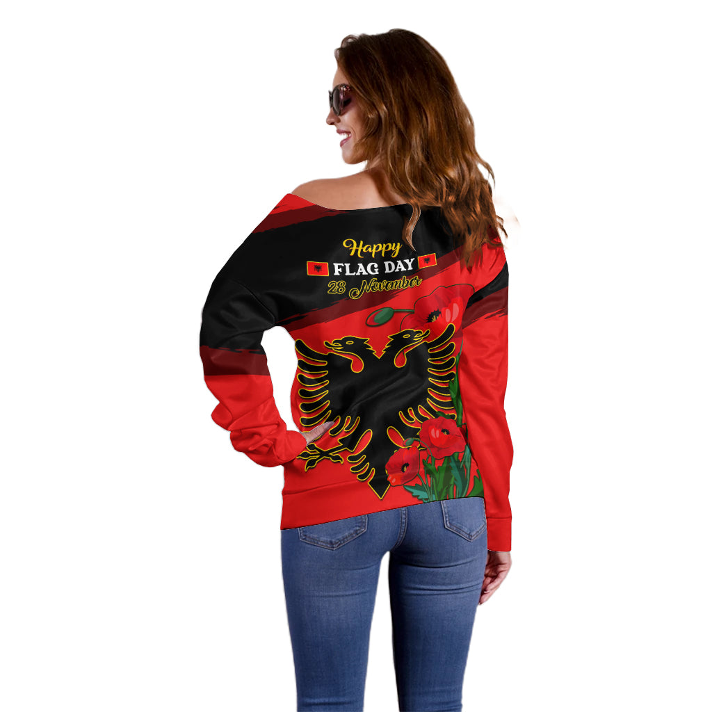 Albania Flag Day Off Shoulder Sweater Albanian Coat Of Arms With Red Poppy - Wonder Print Shop