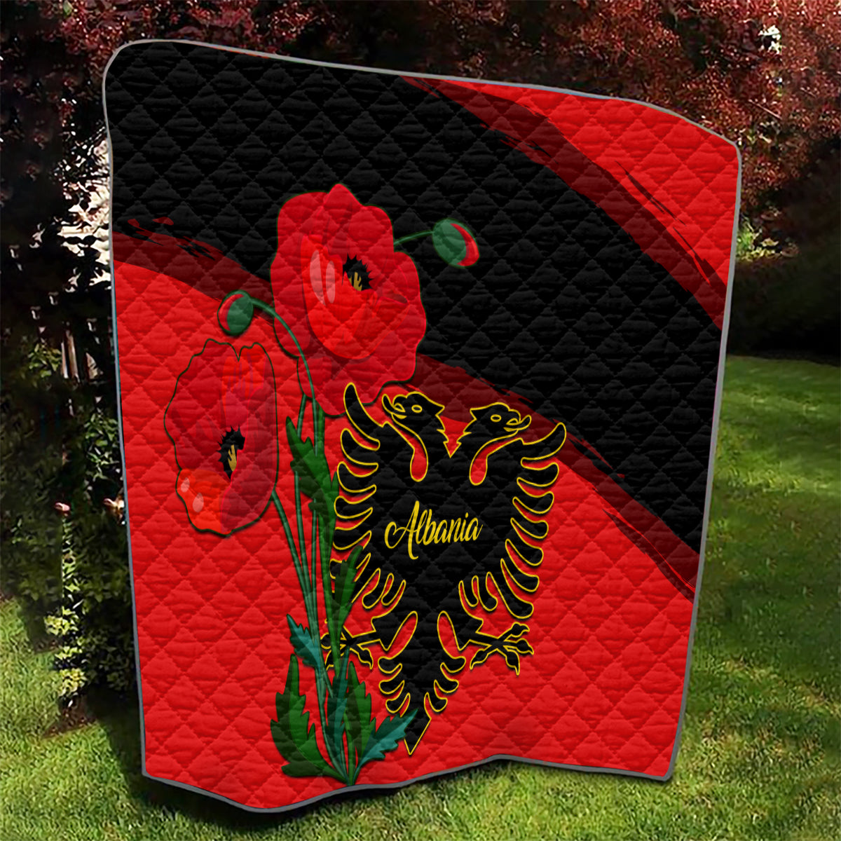 Albania Flag Day Quilt Albanian Coat Of Arms With Red Poppy - Wonder Print Shop