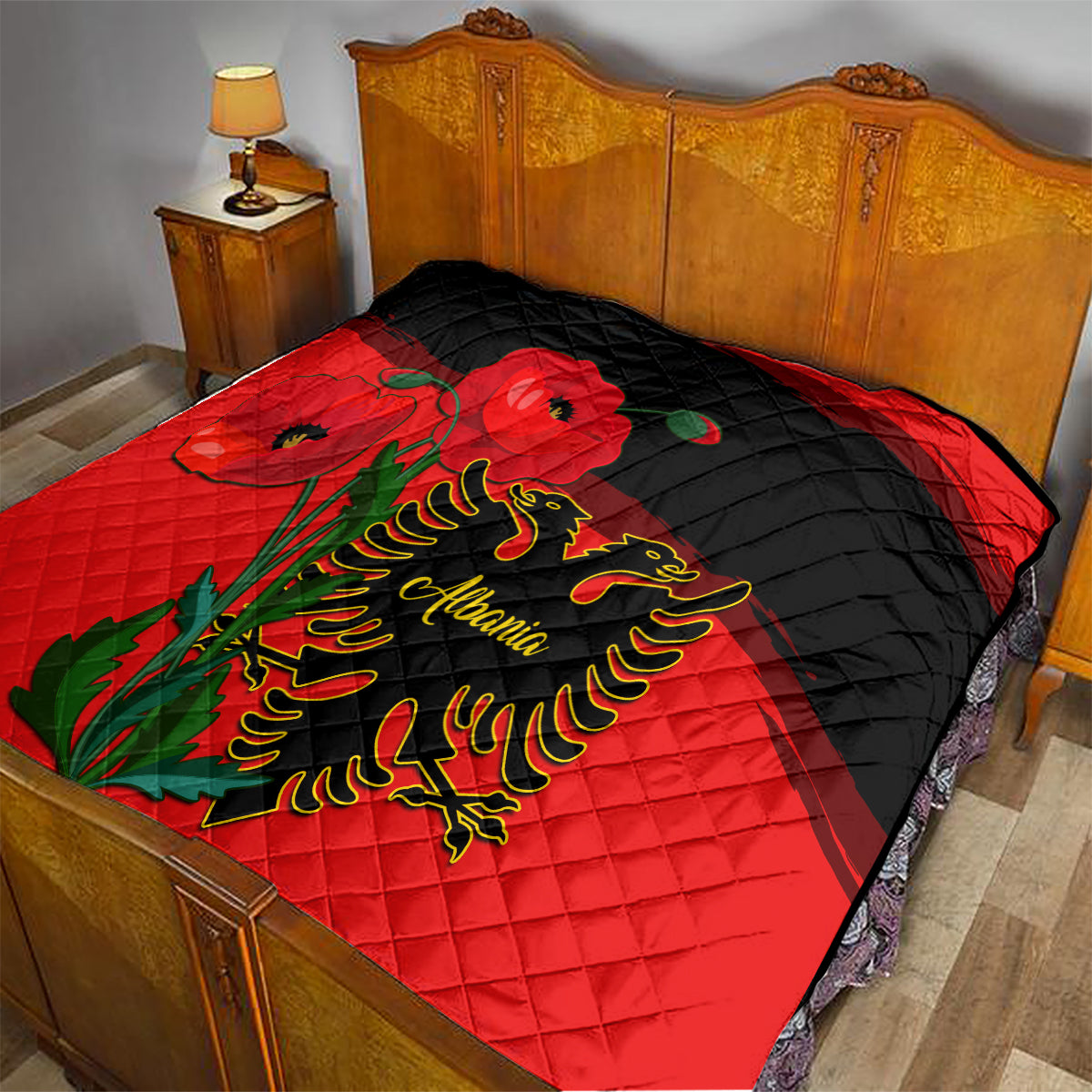 Albania Flag Day Quilt Albanian Coat Of Arms With Red Poppy - Wonder Print Shop