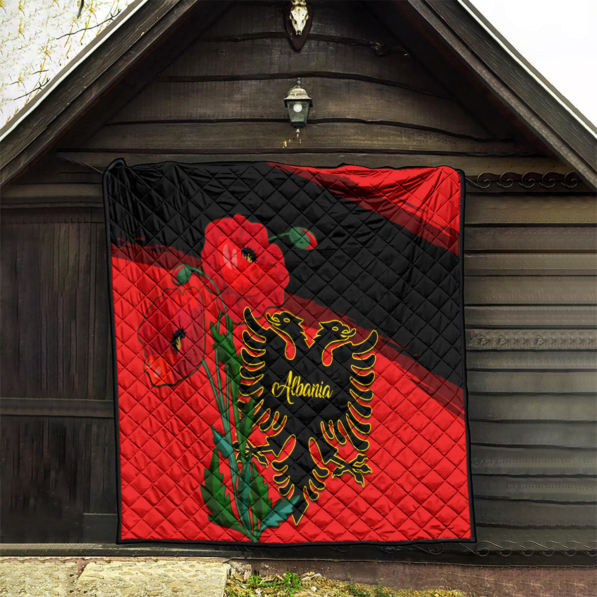 Albania Flag Day Quilt Albanian Coat Of Arms With Red Poppy - Wonder Print Shop