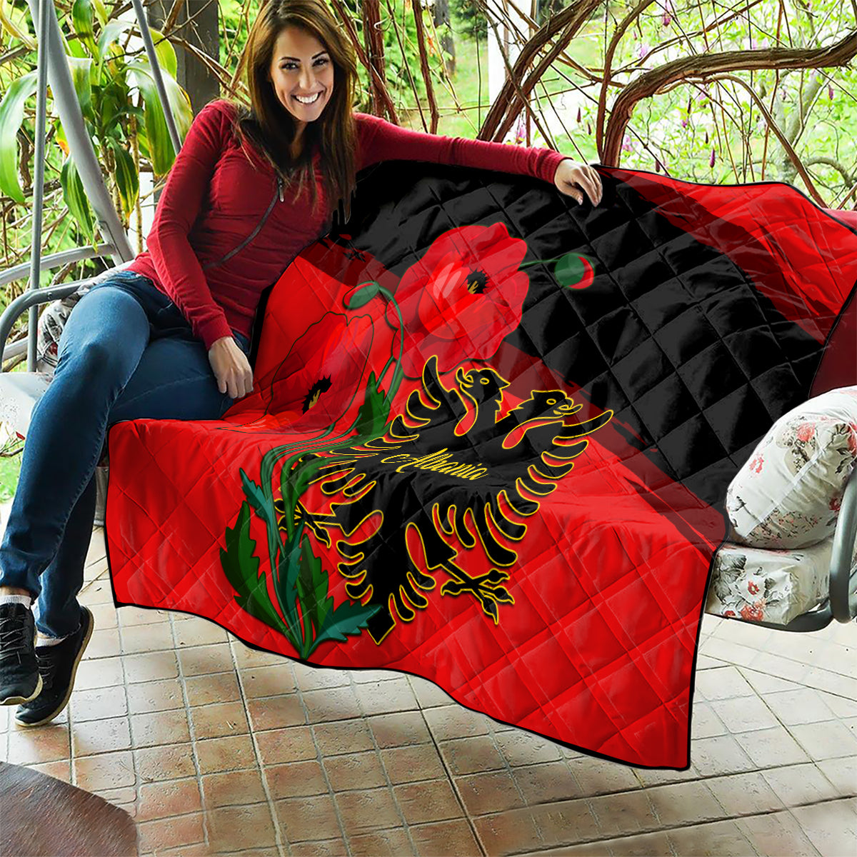 Albania Flag Day Quilt Albanian Coat Of Arms With Red Poppy - Wonder Print Shop