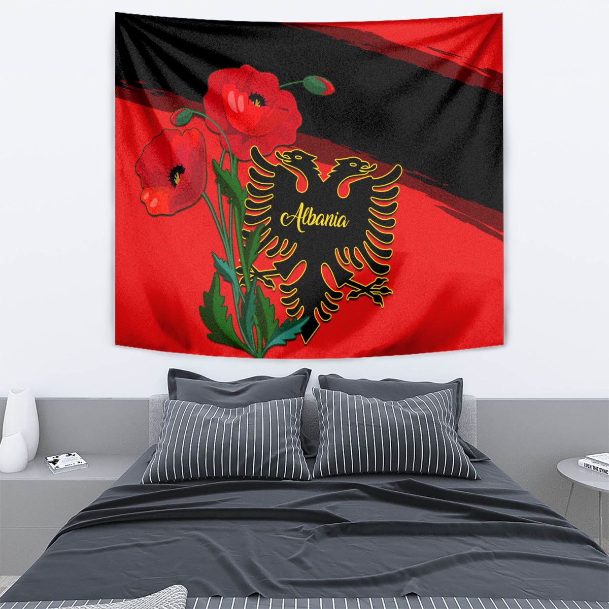 Albania Flag Day Tapestry Albanian Coat Of Arms With Red Poppy - Wonder Print Shop