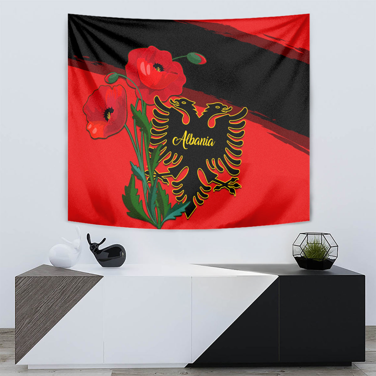 Albania Flag Day Tapestry Albanian Coat Of Arms With Red Poppy - Wonder Print Shop