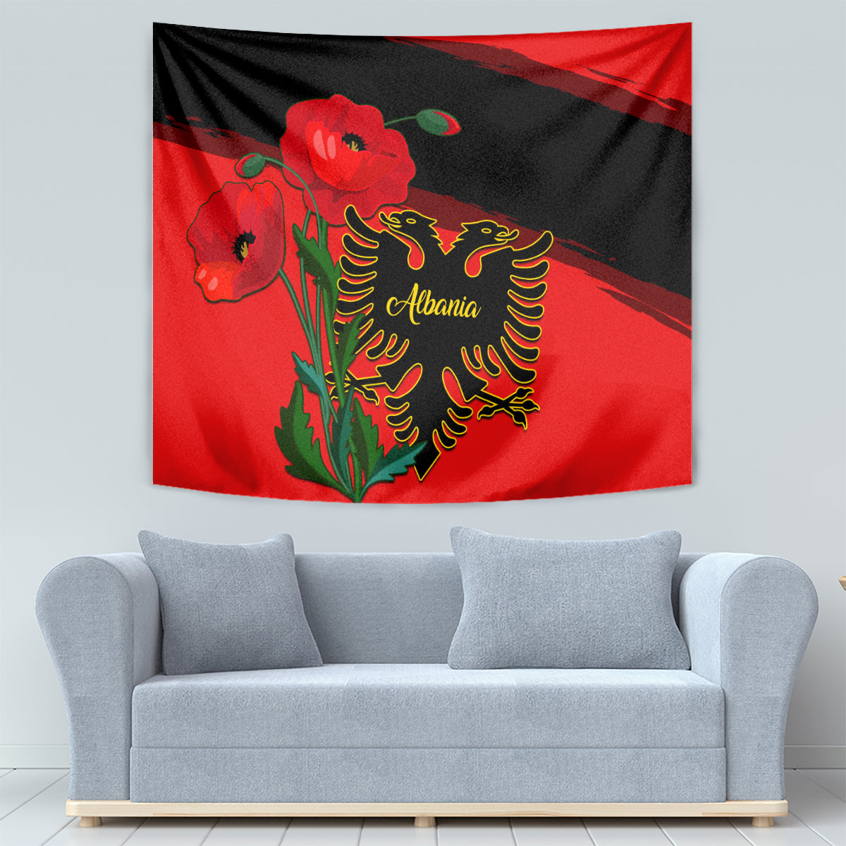 Albania Flag Day Tapestry Albanian Coat Of Arms With Red Poppy - Wonder Print Shop