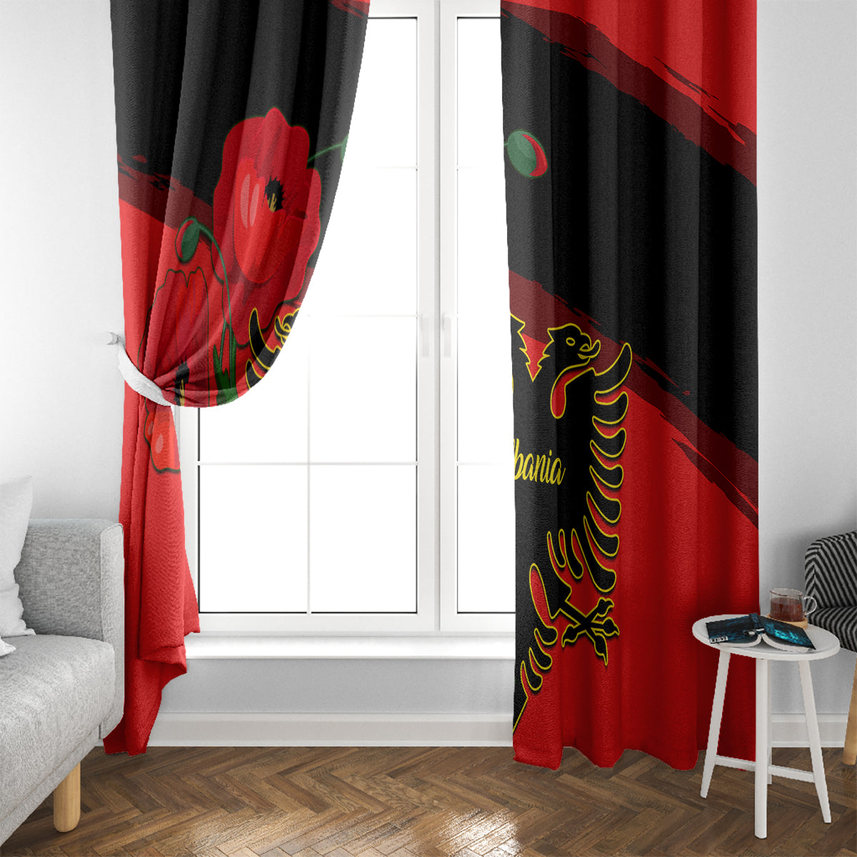 Albania Flag Day Window Curtain Albanian Coat Of Arms With Red Poppy - Wonder Print Shop