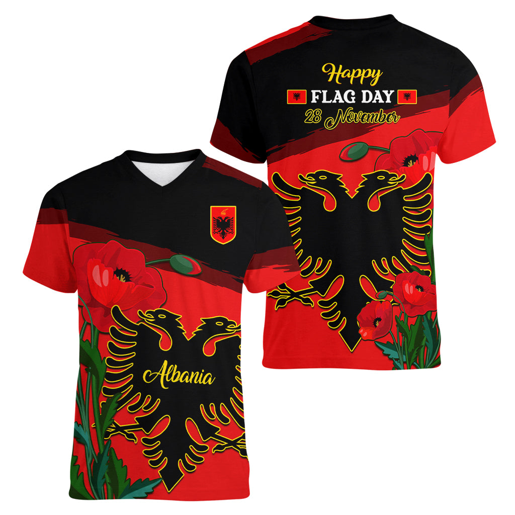 Albania Flag Day Women V Neck T Shirt Albanian Coat Of Arms With Red Poppy - Wonder Print Shop