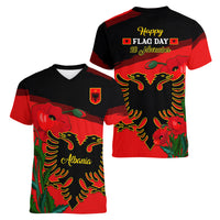 Albania Flag Day Women V Neck T Shirt Albanian Coat Of Arms With Red Poppy - Wonder Print Shop