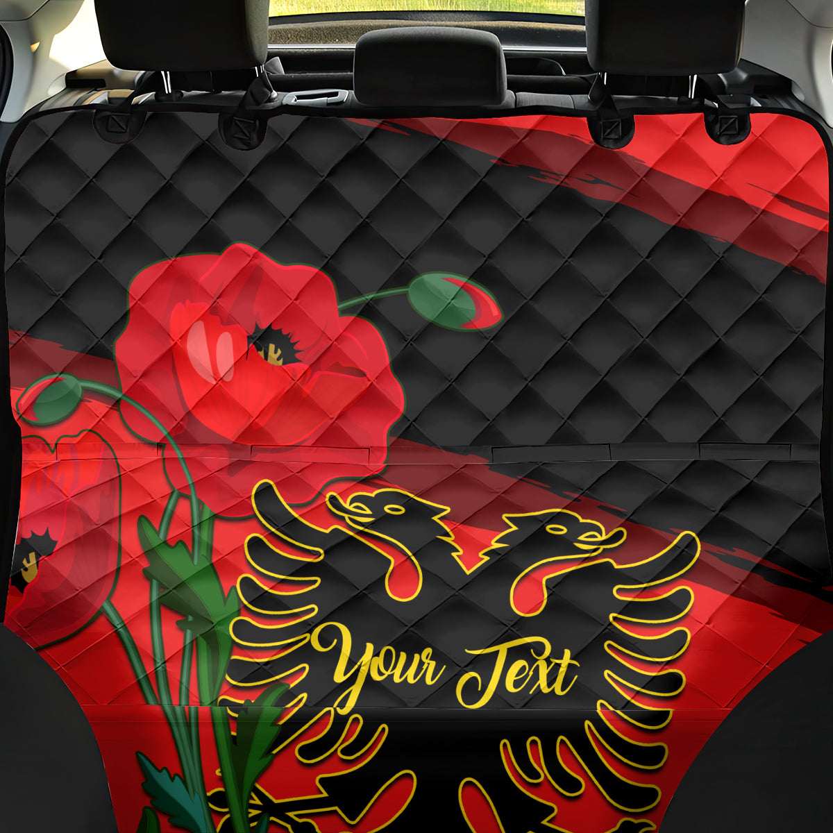 Personalised Albania Flag Day Back Car Seat Cover Albanian Coat Of Arms With Red Poppy - Wonder Print Shop