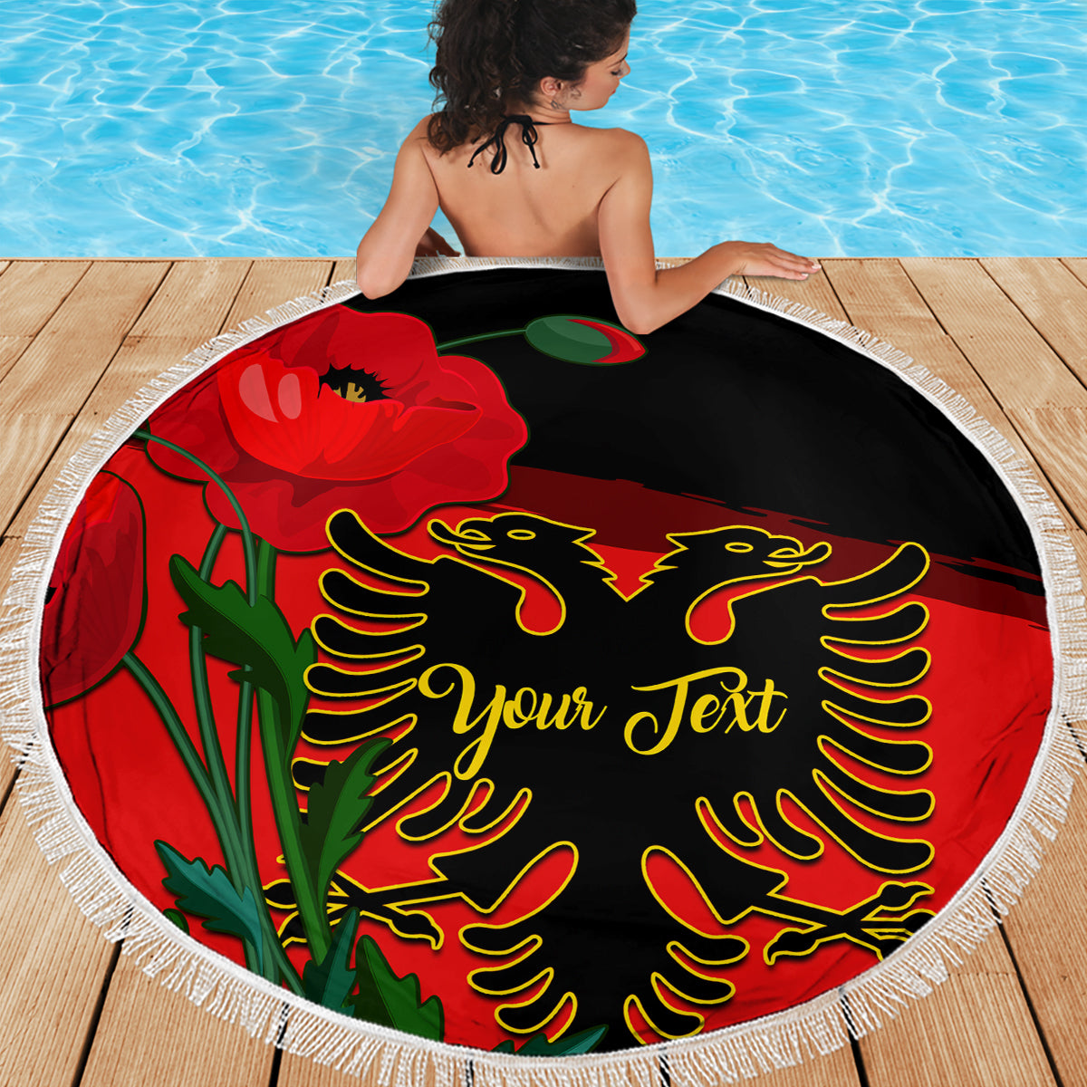 Personalised Albania Flag Day Beach Blanket Albanian Coat Of Arms With Red Poppy - Wonder Print Shop