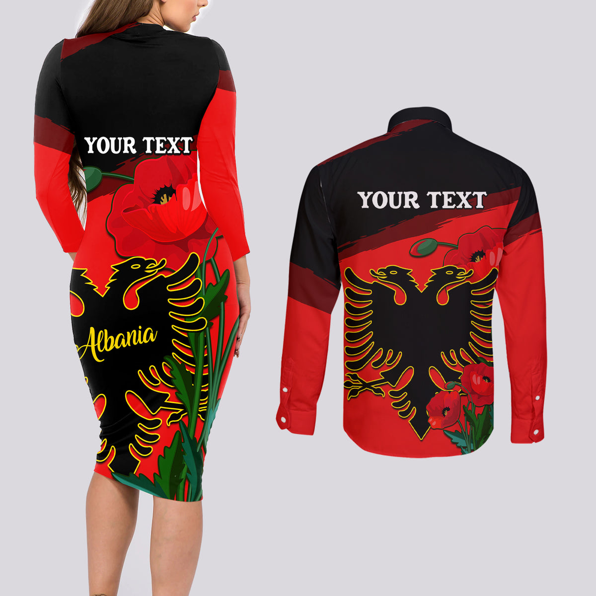 Personalised Albania Flag Day Couples Matching Long Sleeve Bodycon Dress and Long Sleeve Button Shirt Albanian Coat Of Arms With Red Poppy - Wonder Print Shop