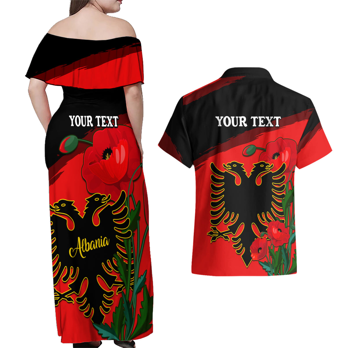 Personalised Albania Flag Day Couples Matching Off Shoulder Maxi Dress and Hawaiian Shirt Albanian Coat Of Arms With Red Poppy - Wonder Print Shop