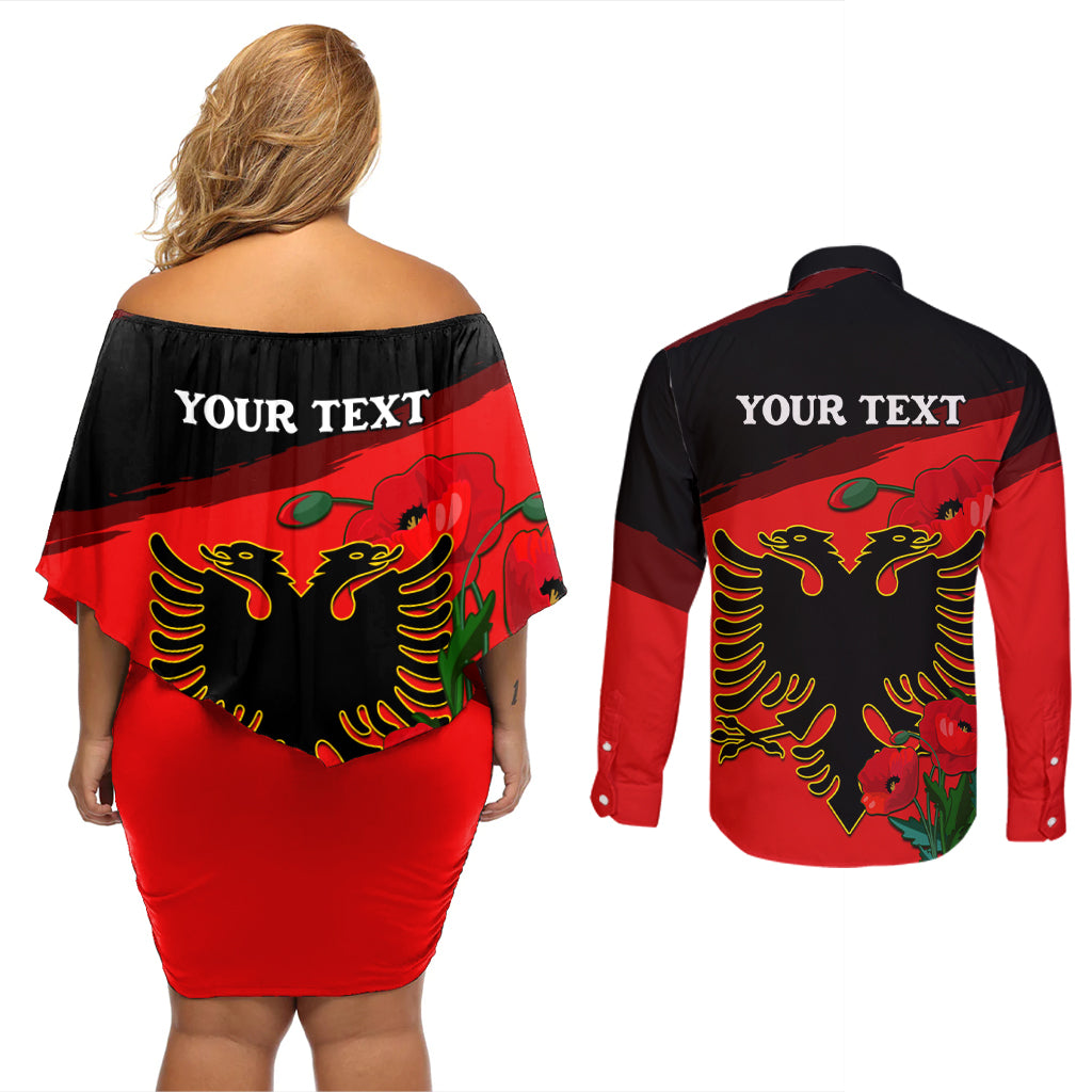 Personalised Albania Flag Day Couples Matching Off Shoulder Short Dress and Long Sleeve Button Shirt Albanian Coat Of Arms With Red Poppy - Wonder Print Shop