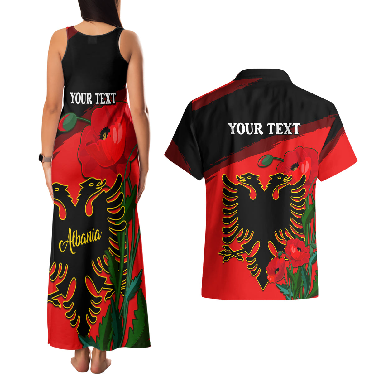 Personalised Albania Flag Day Couples Matching Tank Maxi Dress and Hawaiian Shirt Albanian Coat Of Arms With Red Poppy - Wonder Print Shop