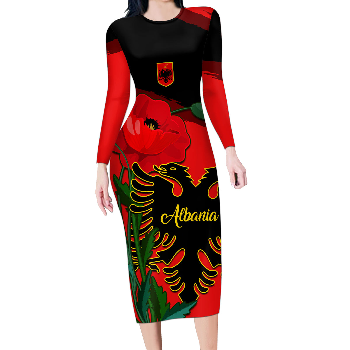 Personalised Albania Flag Day Family Matching Long Sleeve Bodycon Dress and Hawaiian Shirt Albanian Coat Of Arms With Red Poppy - Wonder Print Shop