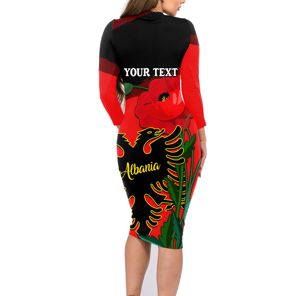 Personalised Albania Flag Day Family Matching Long Sleeve Bodycon Dress and Hawaiian Shirt Albanian Coat Of Arms With Red Poppy - Wonder Print Shop