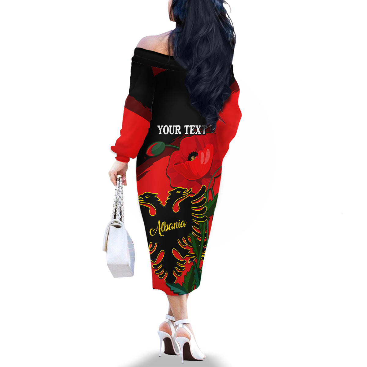 Personalised Albania Flag Day Family Matching Off Shoulder Long Sleeve Dress and Hawaiian Shirt Albanian Coat Of Arms With Red Poppy - Wonder Print Shop