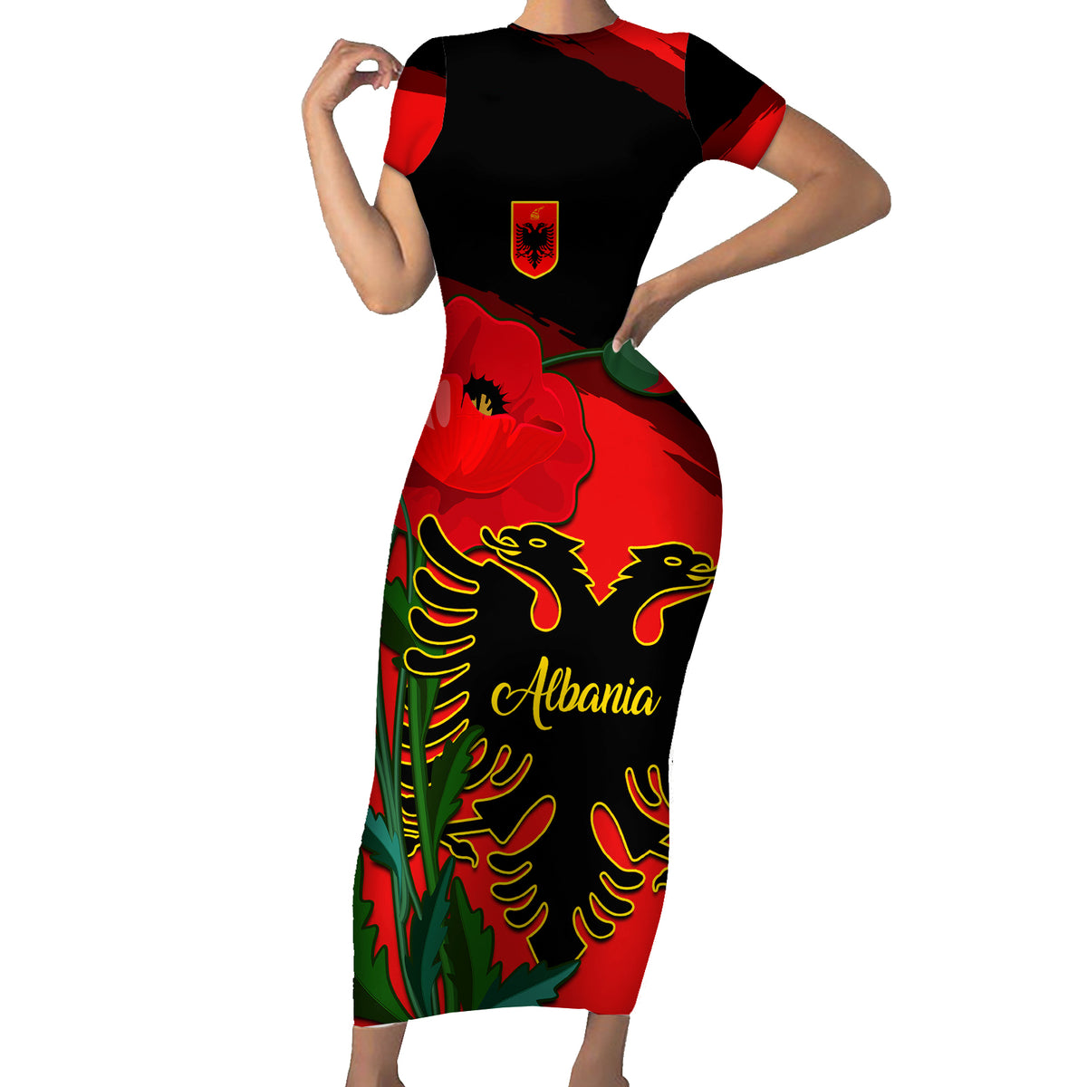 Personalised Albania Flag Day Family Matching Short Sleeve Bodycon Dress and Hawaiian Shirt Albanian Coat Of Arms With Red Poppy - Wonder Print Shop