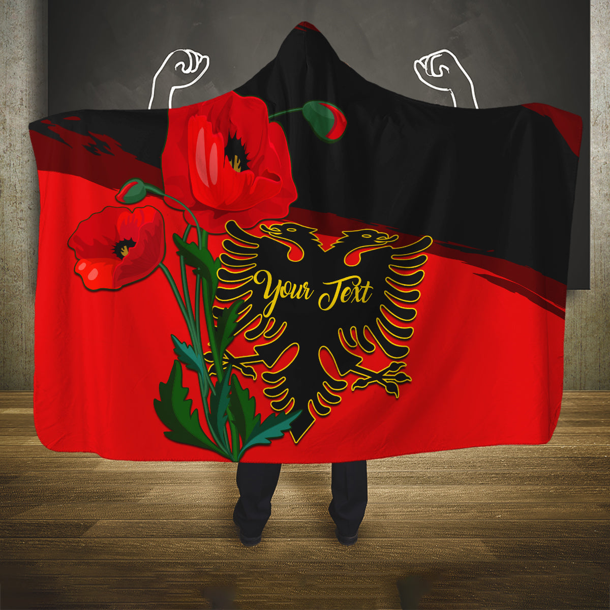 personalised-albania-flag-day-hooded-blanket-albanian-coat-of-arms-with-red-poppy