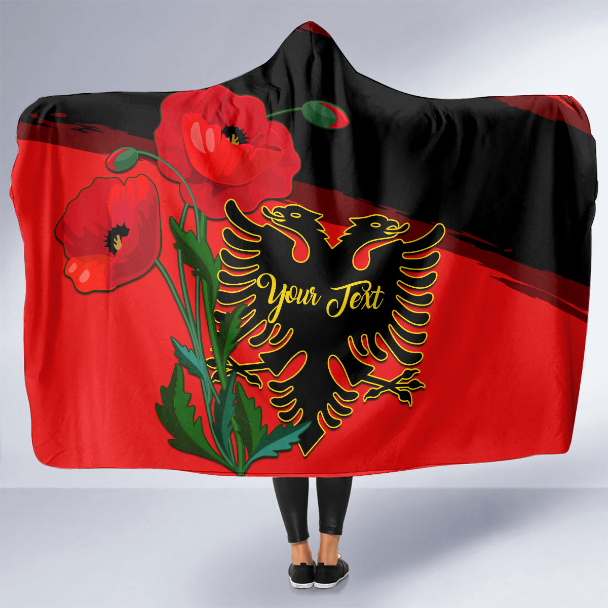 personalised-albania-flag-day-hooded-blanket-albanian-coat-of-arms-with-red-poppy