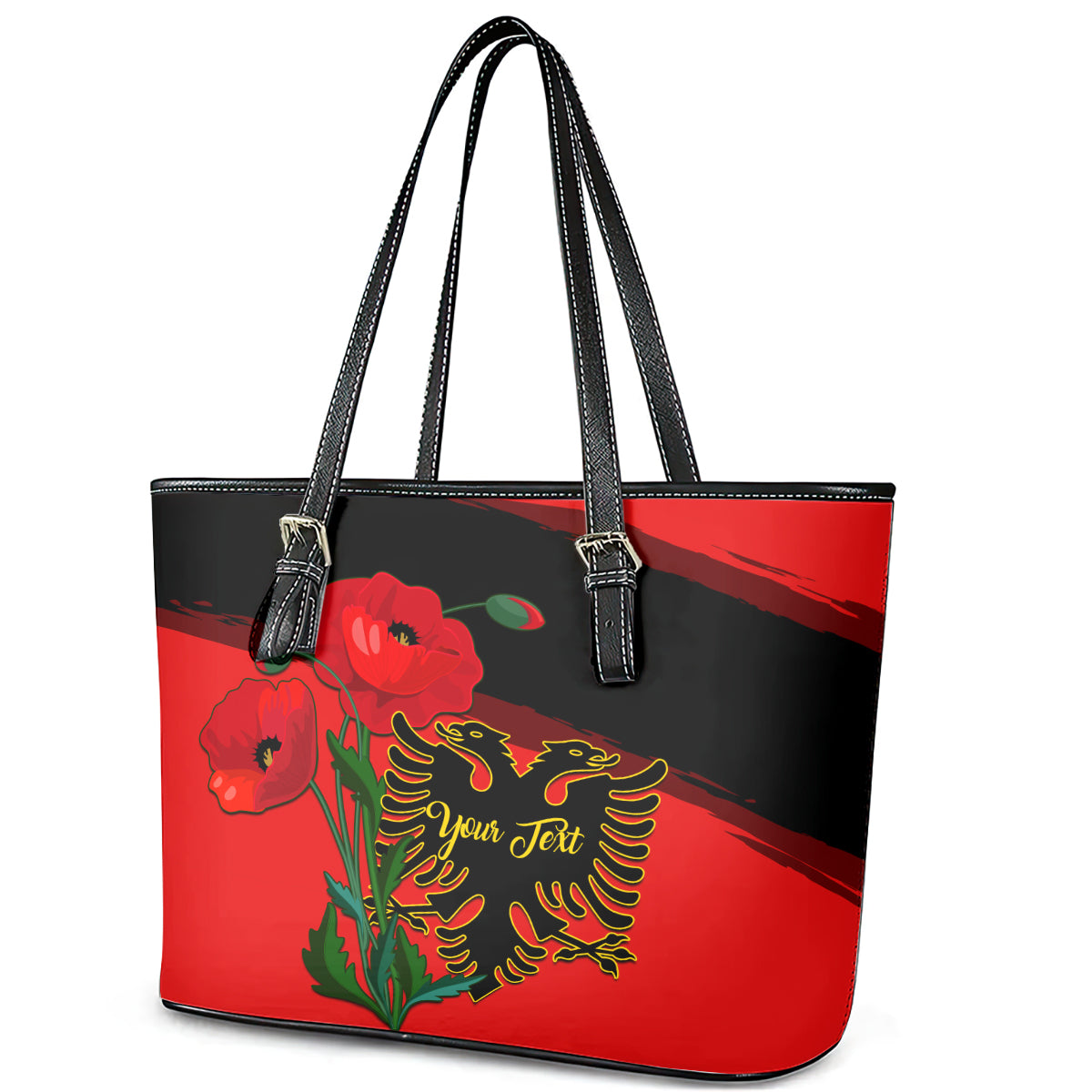 Personalised Albania Flag Day Leather Tote Bag Albanian Coat Of Arms With Red Poppy - Wonder Print Shop