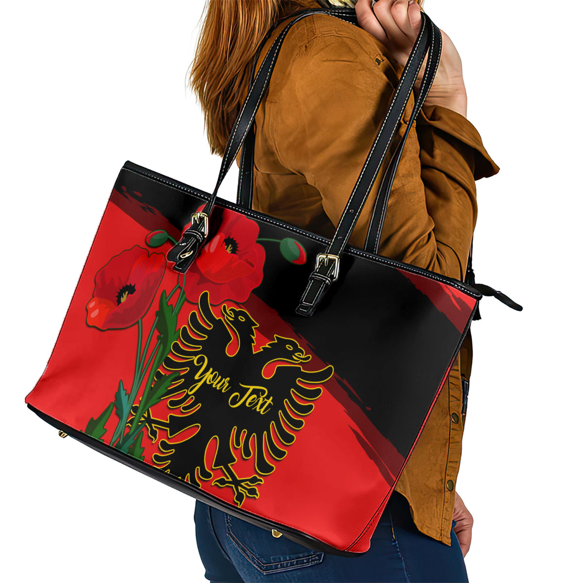 Personalised Albania Flag Day Leather Tote Bag Albanian Coat Of Arms With Red Poppy - Wonder Print Shop