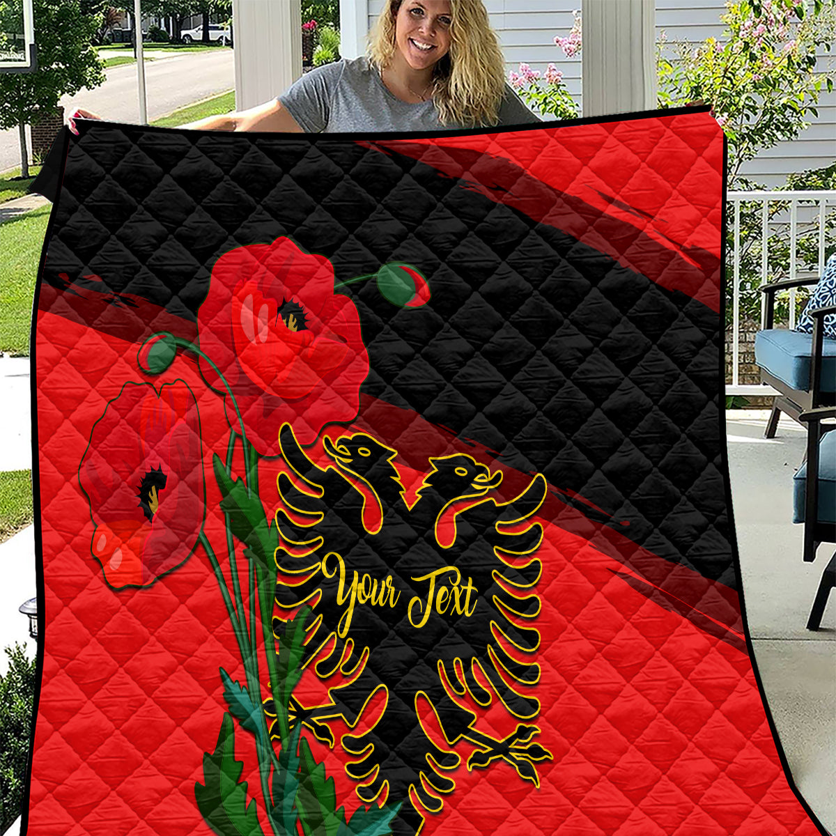 Personalised Albania Flag Day Quilt Albanian Coat Of Arms With Red Poppy - Wonder Print Shop