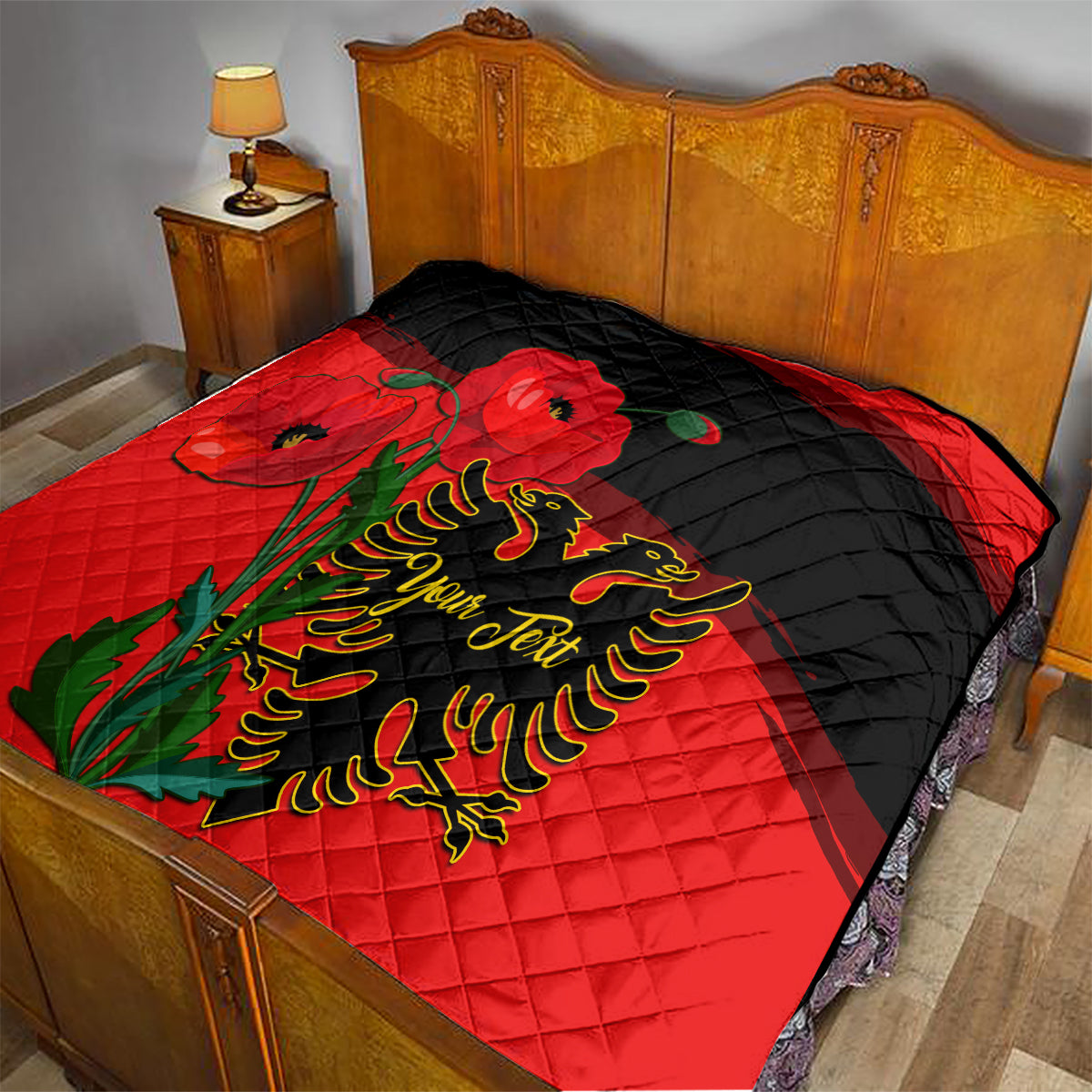 Personalised Albania Flag Day Quilt Albanian Coat Of Arms With Red Poppy - Wonder Print Shop